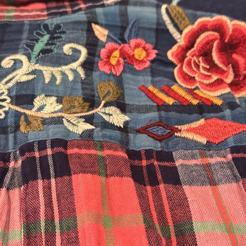 Johnny Was Pink and Blue Plaid Embroidered Eliona snap Button-Up Top - Picture 13 of 16